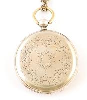 Ezüst (Ag.) zsebóra kulccsal, lánccal, jelzett, működik, bruttó 84,4 g