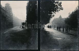 1954 Budapesti utcakép, Rákóczi út, Eskü tér, 2 db fotó, hátoldalon feliratozva, 11,5×8,5 cm