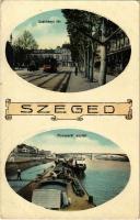 1912 Szeged, Széchenyi tér, Tisza part, villamos, uszályon rakodás