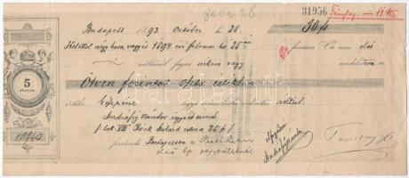 Budapest 1893. Kitöltött 5kr-os váltó, 50Ft értékben, bélyegzésekkel T:III