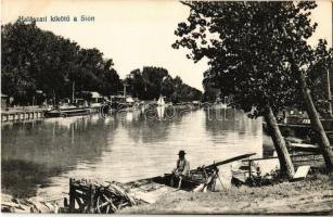 Siófok, Halászati kikötő a Sión, csónakok, gőzhajók. Divald Károly 1054.-1907.