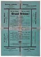 1902 A Grand Orfeum előadás az esztergomi Korona Szállóban, csupa lökött műsorszámmal, körben bolond reklámokkal, plakát, hajtogatva, szép állapotban, 42×30 cm
