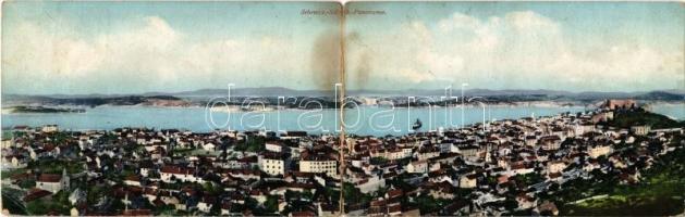 Sibenik, Sebenico; kihajtható panorámalap / folding panoramacard (hajtásnál szakadt / torn at fold)