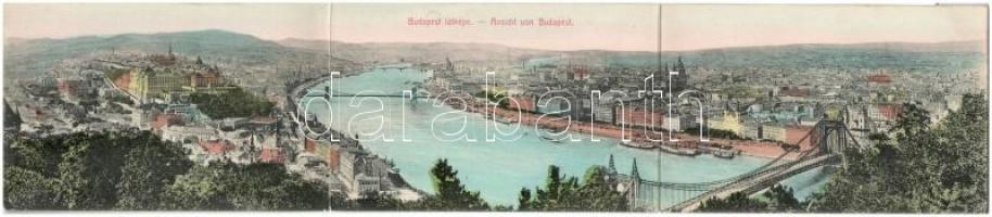 Budapest, kihajtható 3-részes panorámalap, Lánchíd, Királyi vár, Tabán, Erzsébet híd / 3-tiled folding panoramacard (hajtásnál kissé szakadt / slightly torn at fold)