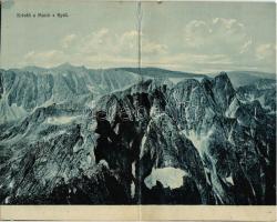 1919 Tátra, Tatry; Kriván a Mnich s Rysy / Kriván, Barát és Tengerszem hegycsúcsok, kihajtható képeslap. Kiadja Jan Ossko. Fot. A. Chytill / panorama, mountain peaks. folding postcard (hajtásnál kissé szakadt / slightly torn at fold)