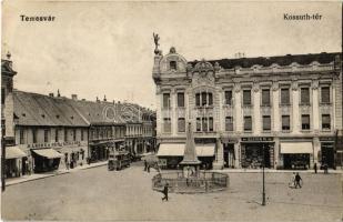 Temesvár, Timisoara; Kossuth tér, Marokkaner szálloda, villamos, Nenadovits, Schil Károly, Bleier M., Schneider János és W. Lipót üzlete, emlékmű / square, shops, tram, monument, hotel