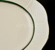 Herendi zöld csíkos tál, kézzel festett, jelzett, kopásnyomokkal, 31,5×23 cm