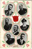 1906 A második Wekerle-kormány tagjai: Wekerle Sándor, Ifj. Andrássy Gyula, Polónyi Géza, Kossuth Ferenc, Apponyi Albert, Josipovich Géza, Zichy Aladár. tulipános, hazafias dombornyomott minta / Hungarian Goverment of 1906. Emb. folklore, patriotic tulips (EB)