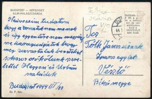 1944 Bp. Illik Csárda képeslap hátoldalára írt üzenet, melyben tudatják, hogy nem utaznak, mert a vonatok nem járnak és így egyelőre nem mennek. (A harcok miatt.), 1944. III. 23., Újpestről Vésztőre küldött képeslap.