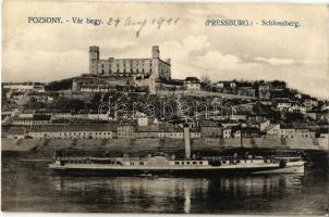 1911 Pozsony, Pressburg, Bratislava; Várhegy, "Hildegarde" lapátkerekes gőzhajó / Schlossberg / castle hill, steamship