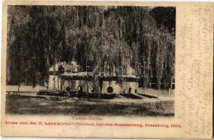 1902 Pozsony, Pressburg, Bratislava;  II. Mezőgazdasági Országos Kiállítás, Halász pavilon. Bediene dich allein / Gruss von der II. Landwirtschaftlichen Landes-Ausstellung / 2nd National Agricultural Expo, pavilion of fishing