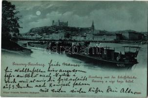 1899 Pozsony, Pressburg, Bratislava; a régi hajóhíd (pontonhíd), uszályok, vár. Edgar Schmidt / old pontoon bridge, barges, castle (ázott sarkak / wet corners)