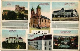 1925 Léva, Levice; Hrad, Rim. kat. kostol, Mestsky velky hotel, Ucitelsky ústav, Kasárna / vár, Római katolikus templom, Városi nagy szálloda, üzletek, Tanítóképző, Kaszárnya, laktanya. Dobrowitzky János / castle, Catholic chuch, hotel, shops, teachers' training institute, military barrack (fl)