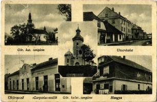 1944 Ökörmező, Volove Polje, Mizhhirya, Boureni; Görögkatolikus templom, utca, Carpatia szálloda, Görögkeleti (ortodox) templom, Hangya Szövetkezet üzlete / Greek Catholic church, street view, hotel, Orthodox church + kétnyelvű bélyegző / bilingual cancellation (kopott sarkak / worn corners)