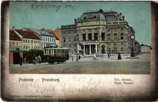 Pozsony, Pressburg, Bratislava; Városi színház, villamos. Duschinsky kiadása / theatre, tram (kopott sarkak / worn corners)