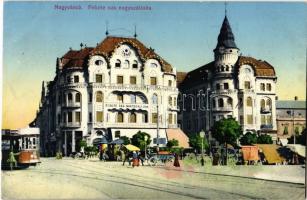 1912 Nagyvárad, Oradea; Fekete Sas nagy szálloda, villamos, üzletek, piaci árusok. Kiadja Vidor Manó / hotel, tram, shops, market vendors