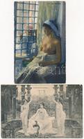 13 db főleg RÉGI motívumlap: rézkarcok és erotikus képeslapok / 13 mostly pre-1945 motive postcards:...