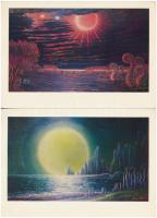 8 db MODERN nagyalakú lap sci-fi festményről Georgy Ivanovich Kurnin aláírásával / 8 modern big sized sci-fi painting cards by Georgy Ivanovich Kurnin (non PC) (21,2 cm x 14,7 cm)