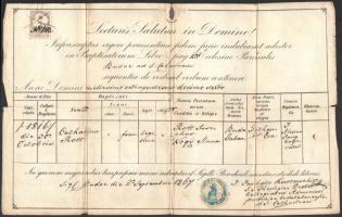 1867 Tokaj és Pest, 4 db anyakönyvi kivonat, felzetes pecséttel, okmánybélyegekkel