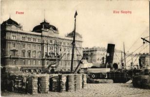 1908 Fiume, Rijeka; Riva Szapáry / Szapáry rakpart, gőzhajó. Luigi Contatti 328. / quay, wharf, steamship + FIUME - ZÁGRÁB 64. SZ. vasúti mozgóposta bélyegző