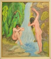 Kádár jelzéssel: Női aktok a vízesésnél. Akvarell, papír, üvegezett keretben, 56×48 cm