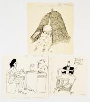 Dunai Imre (1939-2004): 3 db karikatúra, tus, papír, 2 db jelzett, 17,5×17,5 cm-23×20 cm
