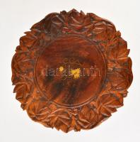 Díszes, faragott fa, három lábú szék, réz virág berakással a tetején, d: 30 cm, m: 33 cm