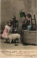 1904 Boldog Újévet! / New Year greeting card, children with pig