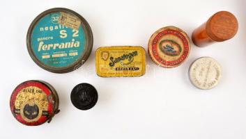 Régi nagyrészt fém dobozok, közte két bakelit - és egy papírdobozzal, összesen 9 db, d: 4,5 cm, m: 3...