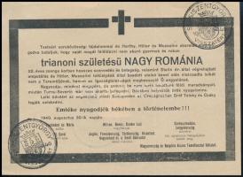 1940 Nagy-Románia humoros halotti értesítője VIsszatért bélyegzésekkel 17 x13 cm