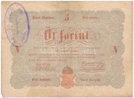 1848. 5Ft Kossuth bankó vörösesbarna, előlapon KORPÁS JÁNOS HENTES-MESTER VÁCZON FŐÚT bélyegzéssel T:III Adamo G109