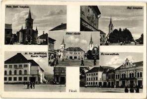 Técső, Tiacevo, Tiachiv, Tyachiv (Máramaros); Református és Római katolikus templom, Fő tér, Korona szálloda, M. kir. járásbíróság, Román hegyek / churches, main square, hotel, county court, Romanian mountains  (EK)