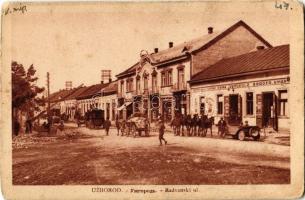 Ungvár, Uzshorod, Uzhorod; utca, vendéglő és borozó, Kárpátia szálloda, autó / Radvanská ul. / street, restaurant and wine hall, hotel, automobile (kopott sarkak / worn corners)