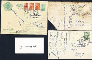 Buzánszky Jenő, Sebes Gusztáv, Lóránt Gyula, Kárpáti Béla aláírások levelezőlapokon