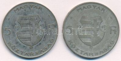 1947. 5Ft Ag "Kossuth" (2x) T:2-,3 patina 
Adamo F8.1