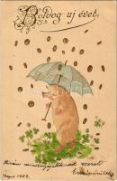 1902 Boldog Újévet! / New Year greeting, pig with umbrella under money rain. Emb. litho