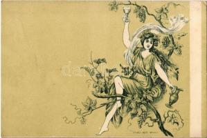Art Nouveau lady with wine and grapes. Engel Lajos Szeged (non PC) (EK)