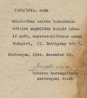 1944 Serédi Jusztinián hercegprímás aláírása levélen