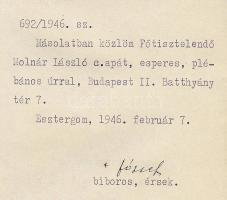 1946 Mindszenty József hercegprímás aláírása levélen