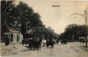 Budapest XII. Zugliget, villamossín, vendéglő tábla, lovaskocsik, Kloze Róbert fűszer, csemege, bor és ásványvizek üzlete