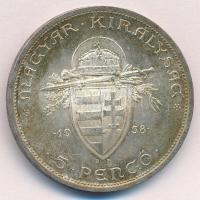1938. 5P Ag "Szent István" T:1- kis ph. patina Adamo P8.1