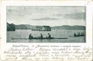 1899 (Vorläufer!) Verőce, Nógrádverőce; Duna részlet kilátással a Visegrádi hegyekre, evezősök edzenek, úszó vízi hajómalom / floating watermill (boat mill)