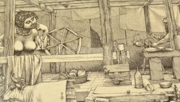 Rékassy Csaba (1937-1989): Ariadné és Daidalosz. Rézkarc XII/XV (P.H.), papír, jelzett (utólag), üve...