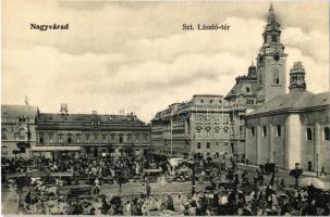 Nagyvárad, Oradea; Szent László tér, templom, piaci árusok, bódék, tömeg, üzletek / square, church, market vendors, booths, crowd, shops