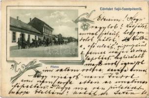 1911 Sajószentpéter, Sajó-Szentpéter; Fő utca, lovaskocsik. Groszmann József kiadása, Art Nouveau