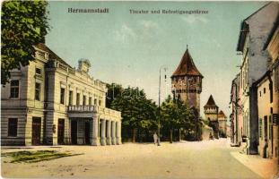 1915 Nagyszeben, Hermannstadt, Sibiu; Theater und Befestigungstürme / Városi színház, erődített tornyok. Chromophot. v. Jos. Drotleff. Verlag G. A. Seraphin / city theatre, fortified towers (EK)