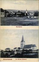 1914 Nagysink, Gross-Schenk, Cincul Mare, Cincu; Marktplatz, Evang. Kirche und Schule (Südseite) / Piac tér, Evangélikus iskola és erődtemplom. Kiadja Gustav Salmen / market square with vendors, Lutheran school and fortified church (EK)