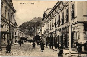 1913 Déva, Fő tér, Sarkadi Viktor Központi szállodája és kávéháza, bazár áruház, Schumann Ernő és Schuleri Fritz üzlete / main square, hotel and cafe, shops