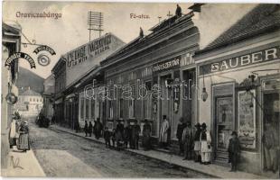 1912 Oravicabánya, Oravita; Fő utca, gyógyszertár, Sauber üzlete, fodrász terem, George Ivácskovics La Mita Neagra. Weisz Félix kiadása / main street, pharmacy, shops, hairdresser