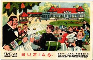 ~1930 Buziásfürdő, Baile Buzias; Phönix víz reklámlap a kaszinóval. Humoros litho művészlap / Hungarian mineral water advertisement, casino. Humorous litho art postcard
